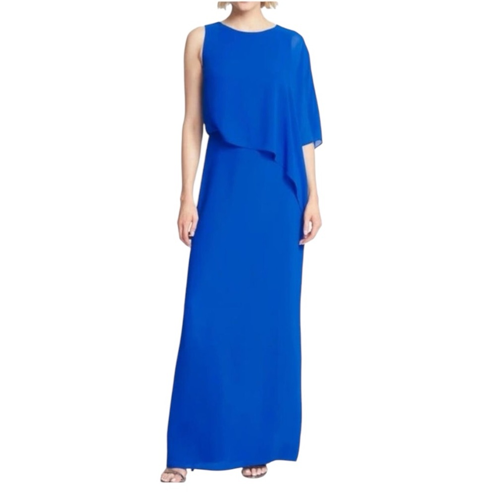 Halston Heritage Asymmetrical Overlay Gown Dress in Lapis Blue Elegant Dress 6